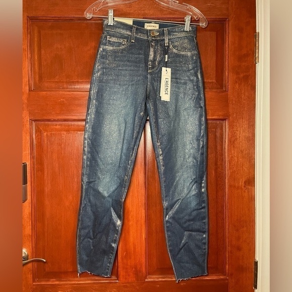 L'AGENCE El Matador Glitter-Coated Stretch Slim-Fit Jeans 32 Blue Raw Hem - Picture 2 of 16